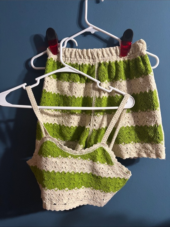 Rebellion Pants - Striped Crochet Crop Top & short Set in Green & Cream